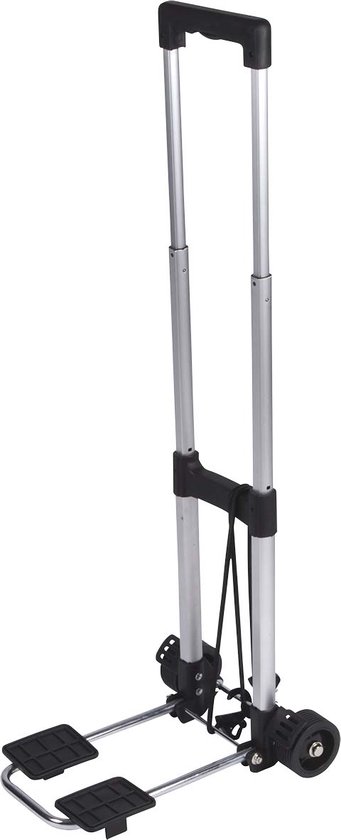Inklapbare bagagetrolley met zilverkleurige stangen en zwarte wielen en voetsteun.