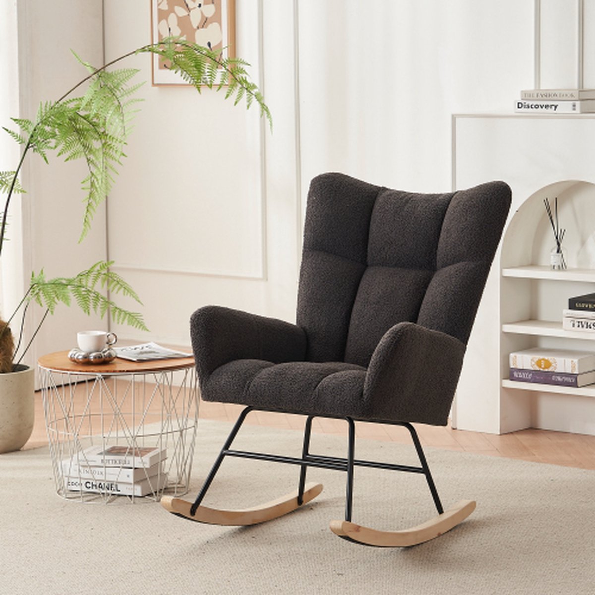 Merlooks Moderne schommelstoel met hoge rugleuning en armleuningen comfortabele en unieke stoelen geschikt voor woonkamers slaapkamers en patio's Grijs