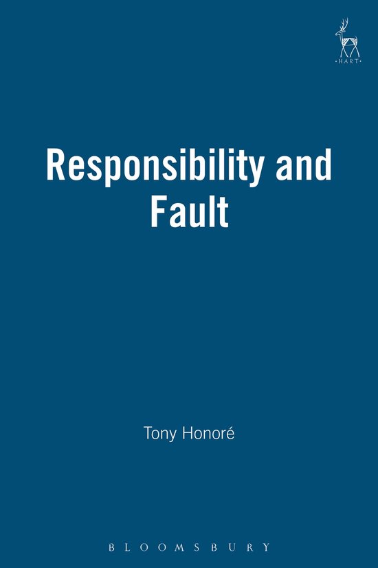 Boekomslag met de titel "Responsibility and Fault" door Tony Honoré in witte letters op een donkerblauwe achtergrond.