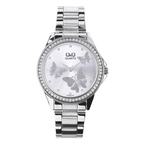 Q Q Dames Q Q stalen dameshorloge met vlinders Horloge Staal Zilverkleurig . bol