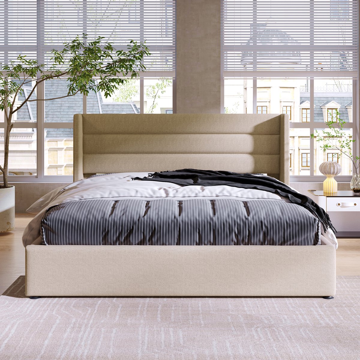 KOMHTOM Tweepersoonsbed 140x200cm Bed met metalen lattenbodem Commode bed Opbergbed Hydraulisch met matras beige