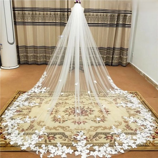 Vrouwen Elegante Bruids Sluier Witte Bloemen Kant Bruidssluier – NL