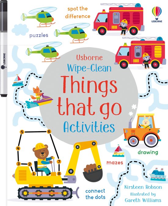 Livre intitulé 'Usborne Wipe-Clean Things that go Activities', illustrant un camion de pompier, des hélicoptères, une pelleteuse, un tracteur et un jet-ski.