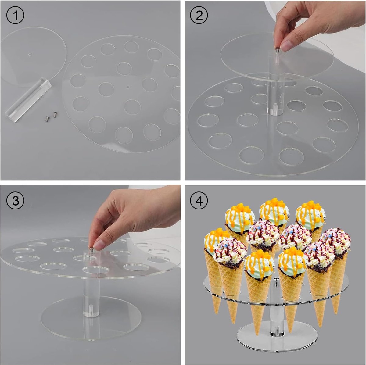 Geofray Ijshoornhouder, 4 Gaten Acryl Display Stand Wafel Sushi Hand Roll Stand Rack voor Kinderen Bakken Party Buffetten