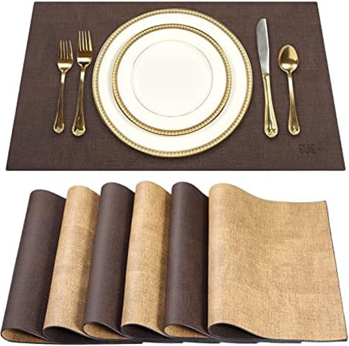 Lederen placemats set van 6 placemats afwasbaar lederlook placemats hittebestendig PU kunstleer placemat voor thuis keuken eettafel 43 cm x 31 cm (Bruin)