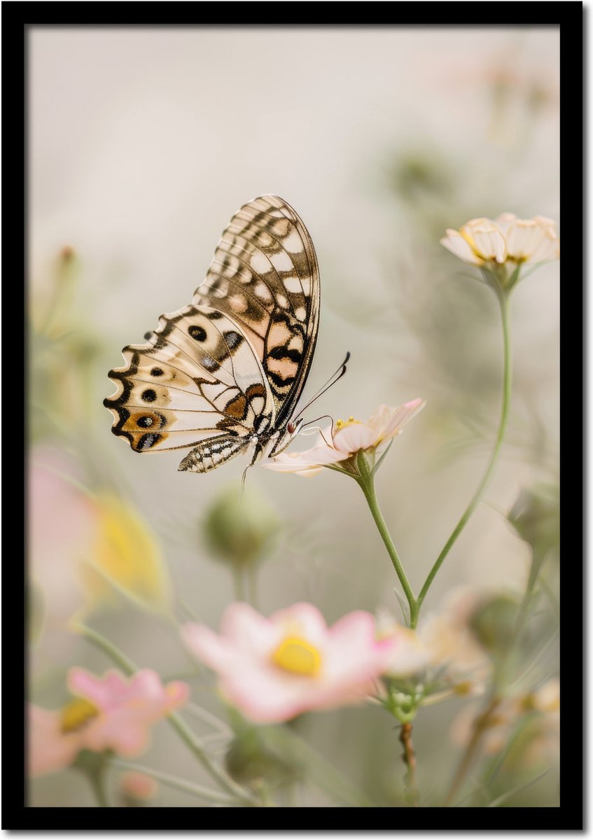 Plakkers Poster vlinder op bloem - 30cm x 40cm - vintage - woonkamer - slaapkamer - bloemen posters - goedkoop - muurposter - natuur - wanddecoratie Full-colour