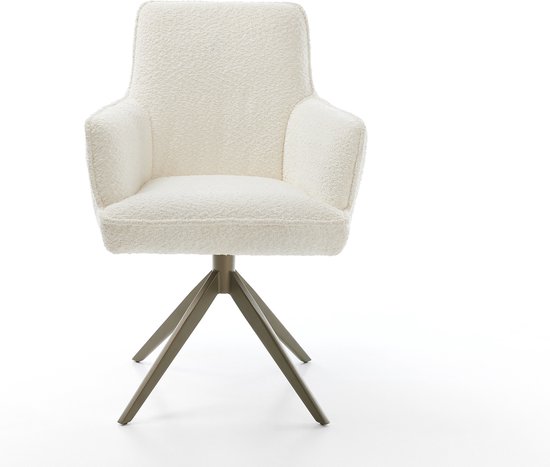 Chaise de salle à manger Heira- Flex avec accoudoirs, structure transversale, finition large avec noyau à ressorts ensachés blanc bouclé titane, pivotant à 360°