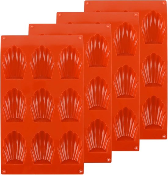 Lot De 4 Moules à Madeleines Silicone 9 Cavités - Rouge - 28,5 X 16,8 Cm - Parfait Pour Madeleines, Chocolats, Biscuits & Desserts Faciles à Démouler