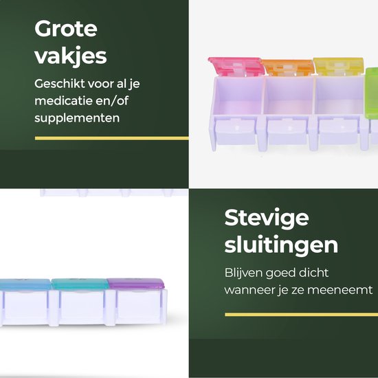 Gandria Pillendoos 7 Dagen - Pillendoosje - Pillesdoosjes met 7 Compartimenten - Medicijndoos met Stevige Sluiting - Grote vakken - Verschillende kleuren