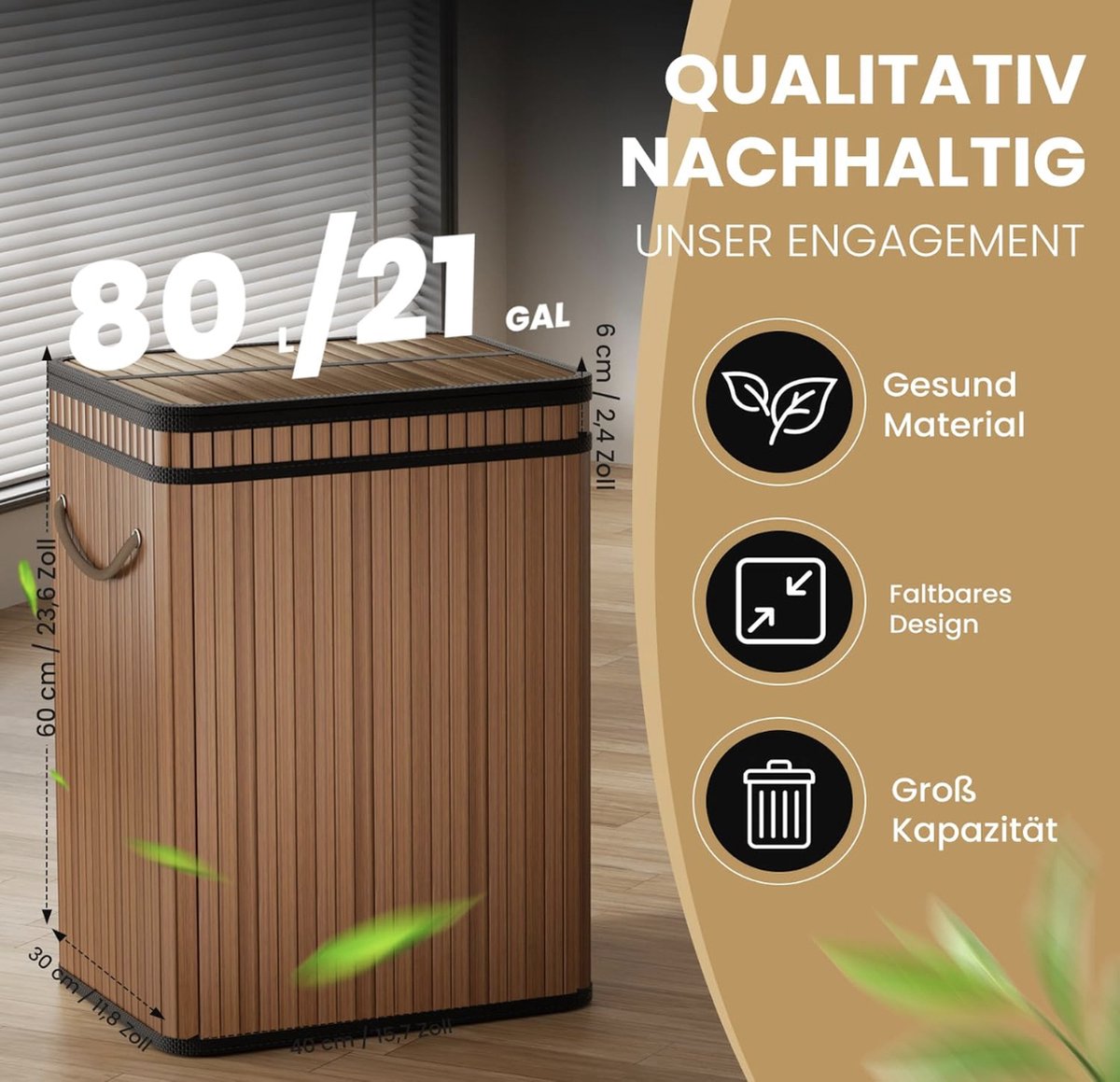 Mrs. Jones 80 Liter Grote Vuilnisemmer Met Deksel Van Bamboe Voor Thuis Kantoor Badkamer Keuken 40 X 30 X 60 Cm Premium Houtkleur Prullenbak 60 Liter