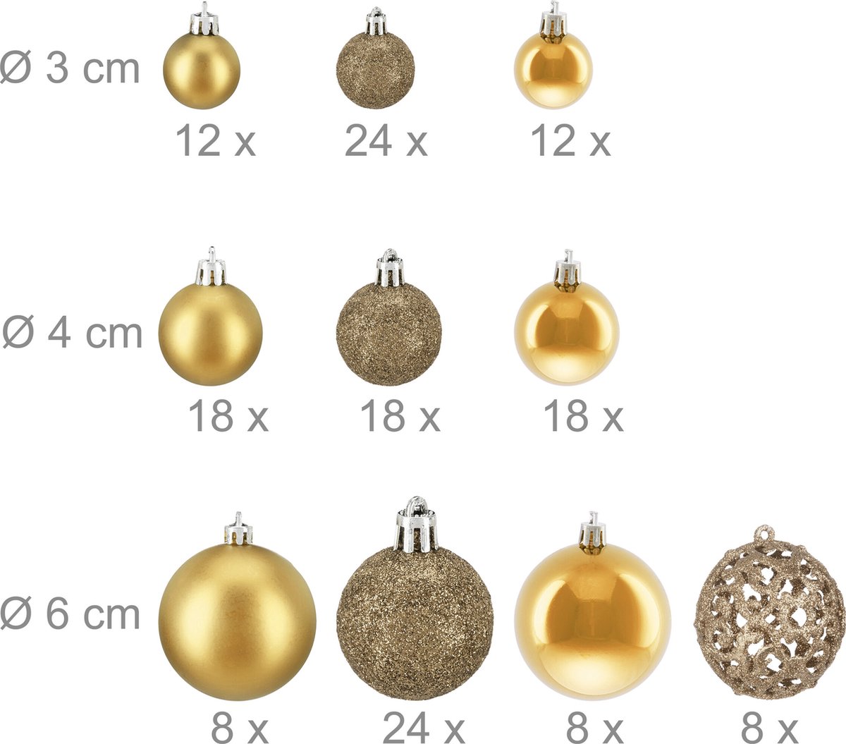 kerstballen - set van 150 - mat - glanzend - glitters - plastic - ∅ 3, 4, 6 cm - goud – foto 6