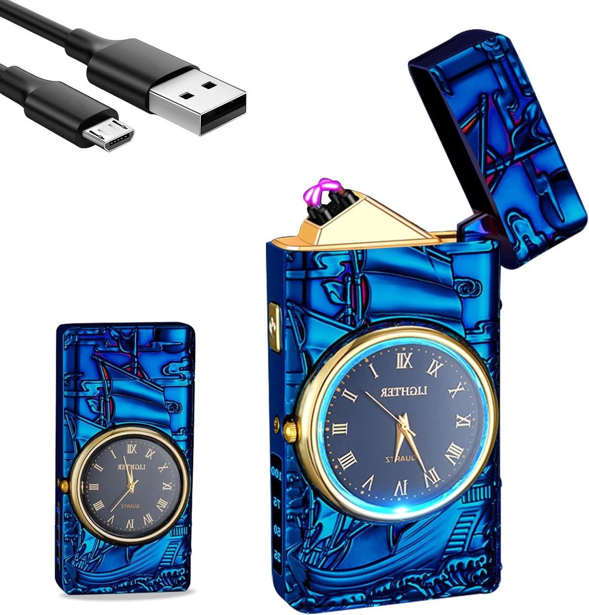 Goedkoopste USB Elektrische Aansteker Schip - Oplaadbaar - Dubbele Boog - Geschenkverpakking - Blauw