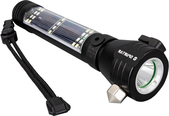 Foto: Multifunctionele led zaklamp solar powerhub oplaadbaar via usb zonne energie sos handlamp magnet kompas veiligheidshamer gordelsnijder outdoor camping auto tool zwart