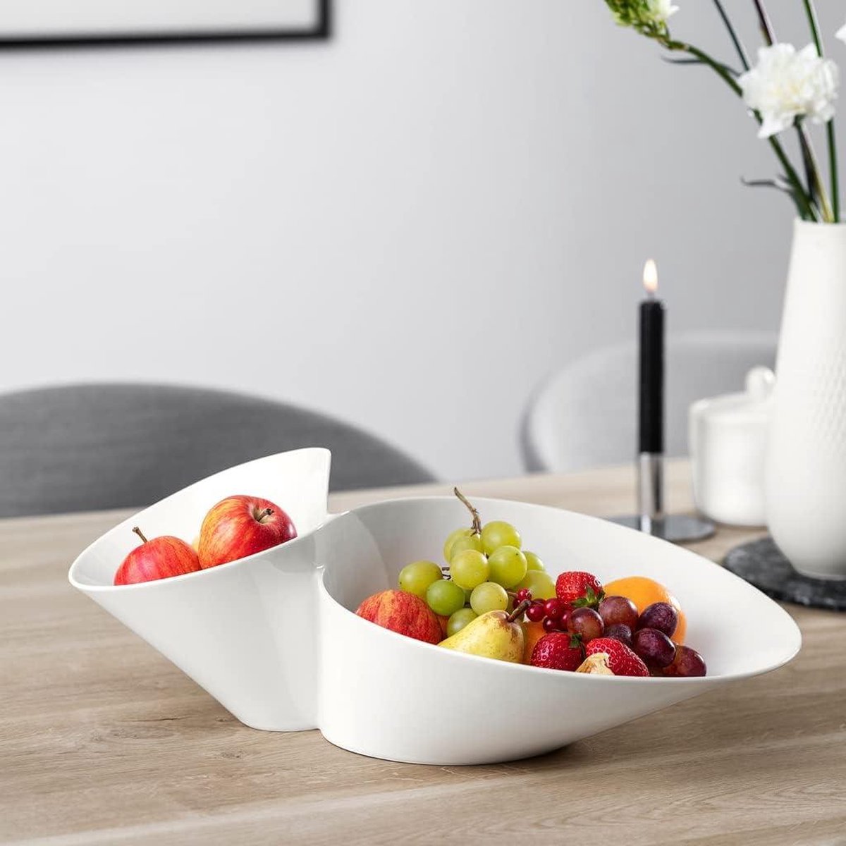 Premium porselein witte dubbele schaal - servies kom voor fruit en snacks - vaatwasmachinebestendig en magnetronbestendig Fruitschaal
