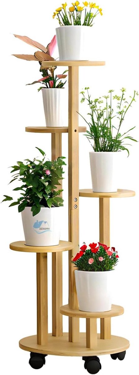 Bamboe Plantenrek Binnen Bloementrap Wieltjes 90CM Bloemenstandaard Balkon 5 Niveaus Rond Vrijstaand Bloemenrek Woonkamer Kantoor Tuin Ø 19 CM