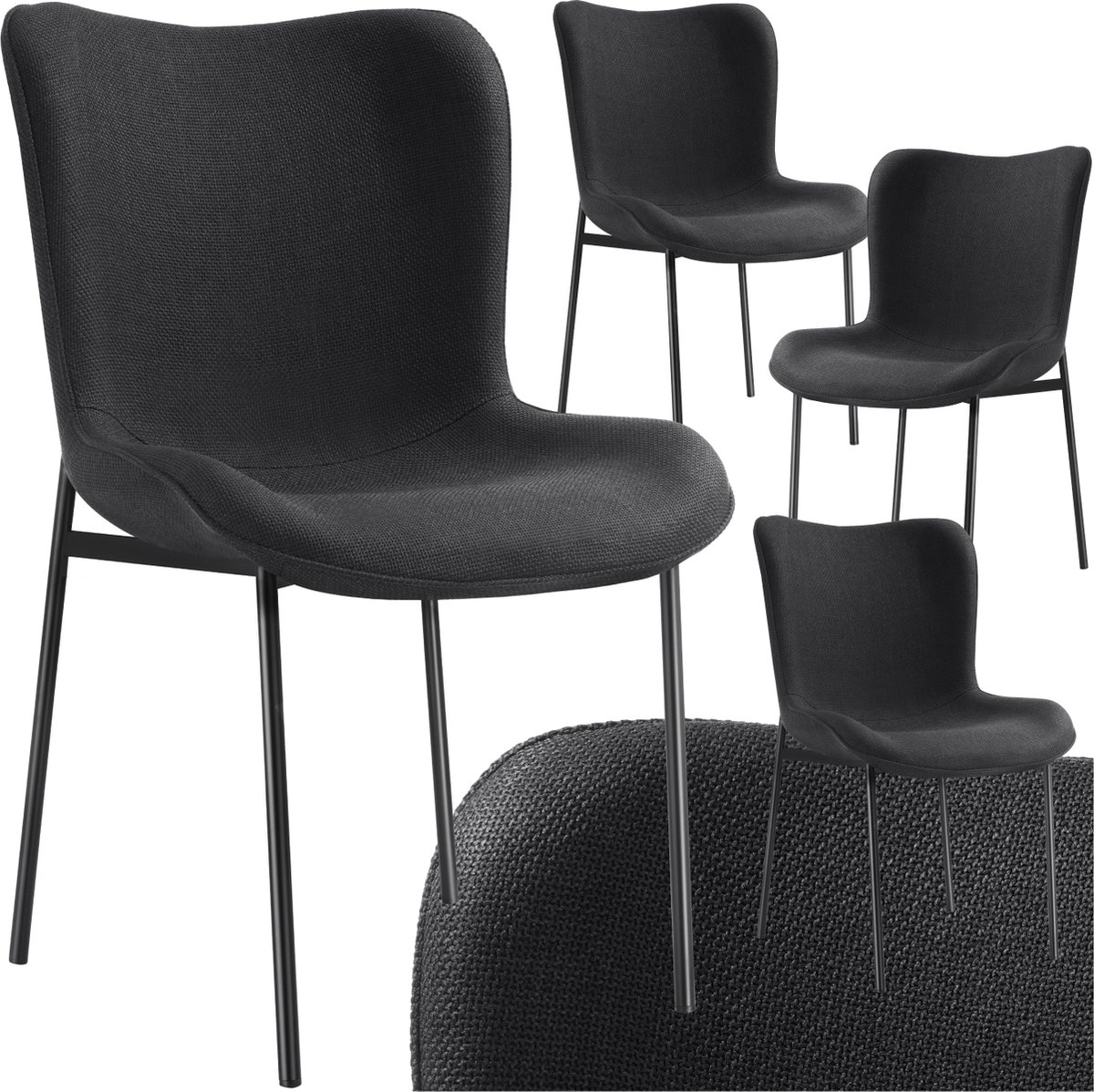tectake® Gestoffeerde stoel - Eetkamerstoel - Geweven stof - Ergonomische vorm - Hoge rugleuning - Draagkracht 120 kg - Diverse kleuren - Set van 4 - Zwart/zwart