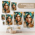 Een schilderij van een vrouw met een blauwe tulband, gouden accenten en roze lippen.