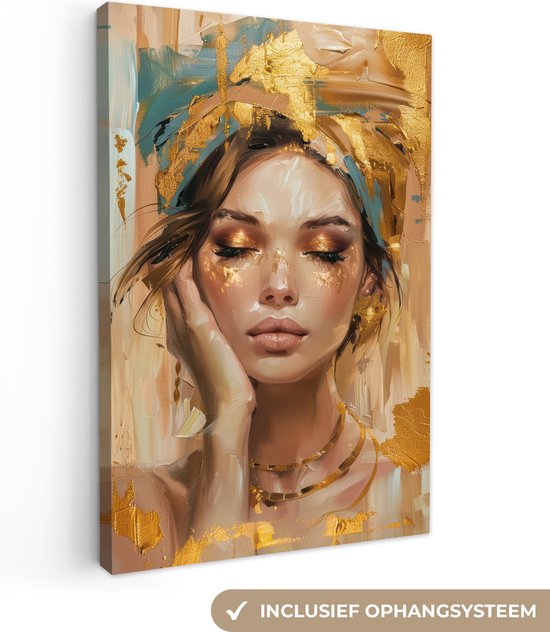 Canvas schilderij 80x120 cm - Wanddecoratie Vrouwen - Portret - Luxe - Goud - Muurdecoratie woonkamer - Slaapkamer decoratie - Kamer accessoires - Schilderijen op canvas