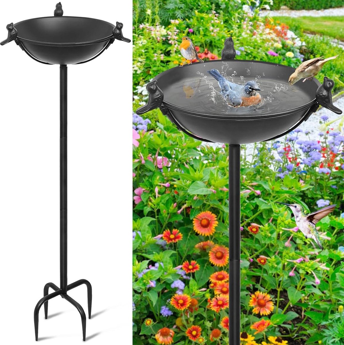 Vogelbad In De Tuin - 3 Kommen - Vrijstaand Vogelbad - Waterbak Buiten Weerbestendig Vogeldrinkstation Zwarte Giyiprpi Bird Bath