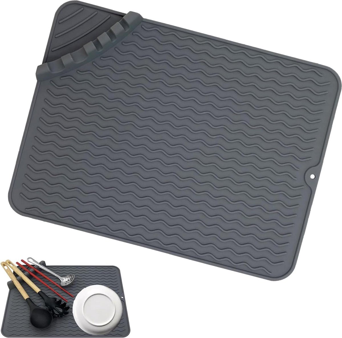Goedkoopste Siliconen afdruipmat voor servies en bestek - hittebestendige keukenmat met lepelhouder - grijs - 30 x 395 cm