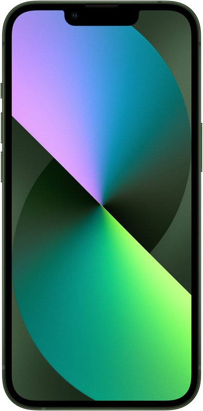 Groene iPhone met een paars-groen gesegmenteerd scherm, op een witte achtergrond.