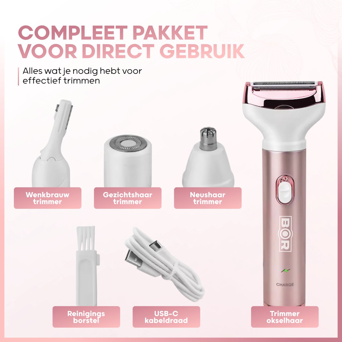 Bol.com BOR® Ladyshave - Rose met Wit - Ontharingsapparaat - 4 Opzetstukken - Ladyshave - Ladyshave Dames - Usb Oplaadbaar aanbieding