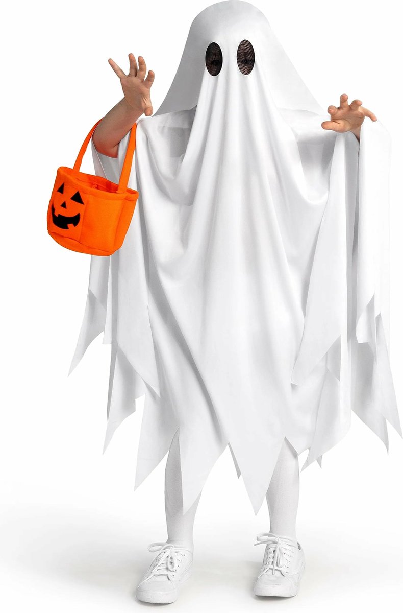 Spooktacular Creations wit geestengewaad met pompoentas voor jongens - maat S