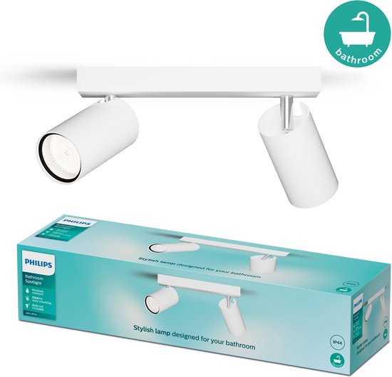 Philips Idris Spot - Spot de plafond - Résistant aux éclaboussures IP44 - 5W - Wit - Lampe de salle de bain - Deux points lumineux - Convient uniquement aux spots LED