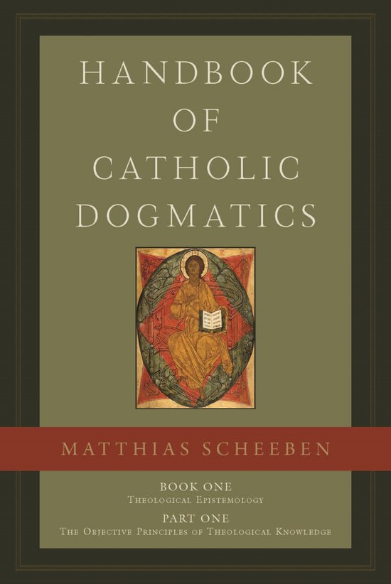 Boek "Handbook of Catholic Dogmatics" van Matthias Scheeben. Met een afbeelding van een zittende figuur met een boek in een cirkelvormige decoratie.
