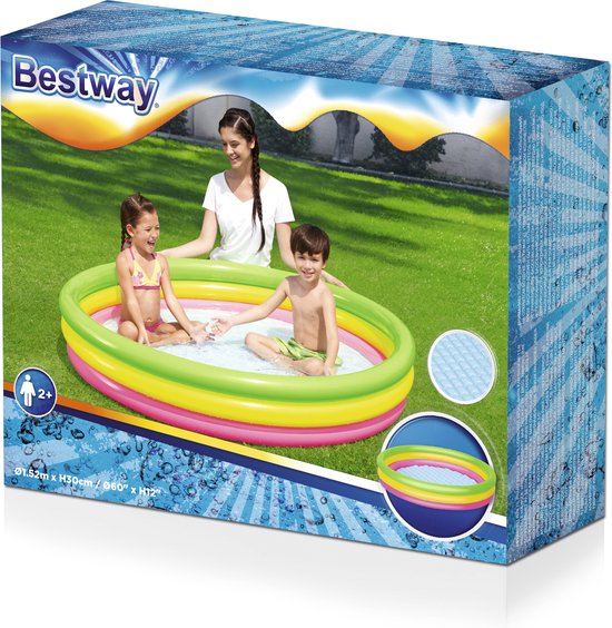 Doos met opblaasbaar zwembad, met een vrouw en twee kinderen erin.