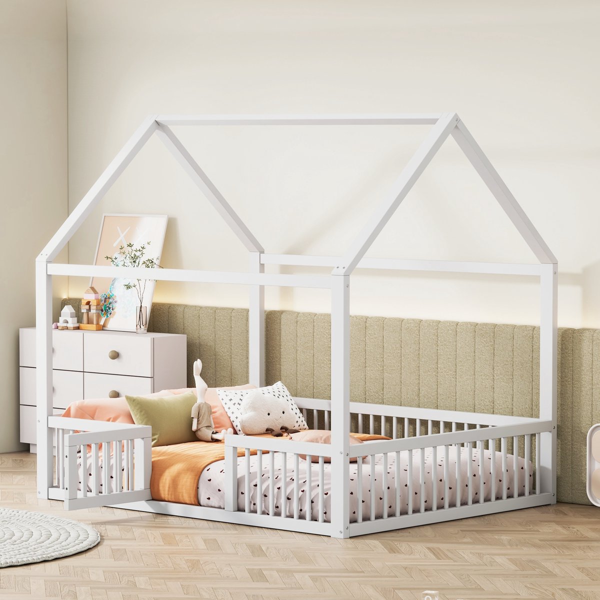 Sweiko Kinderbed 140*200cm massief houten bed, Tweepersoonsbed, flatbed, huisbed, huisbed met deur, Wit