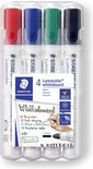 Staedtler Lumocolor whiteboard markers, 4 kleuren (rood, blauw, groen, zwart) in plastic verpakking met informatie over de kenmerken.