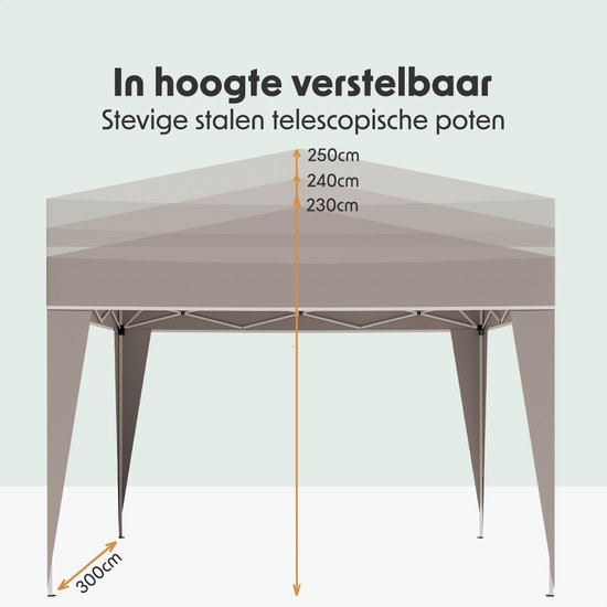 Beige partytent, 300cm breed, met in hoogte verstelbare telescopische poten.