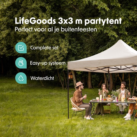 LifeGoods Partytent - Opvouwbaar - 3x3 m - Easy Up - Paviljoen - Waterdicht - Draagtas met Wieltjes - Beige