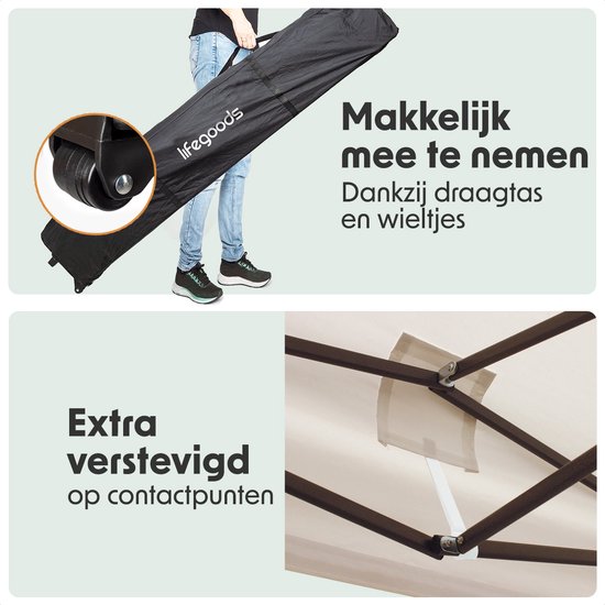 Een persoon rolt een beige partytent op met wieltjes in een draagtas. Extra verstevigd op contactpunten.