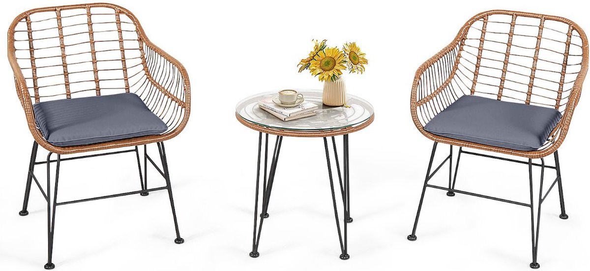 Balkonset 2 personen - Tuinset - Bistroset - Bruin - 3 delig - Tuintafel en 2 stoelen - 2 personen - Gecoat staal - Onderhoudsvrij staal