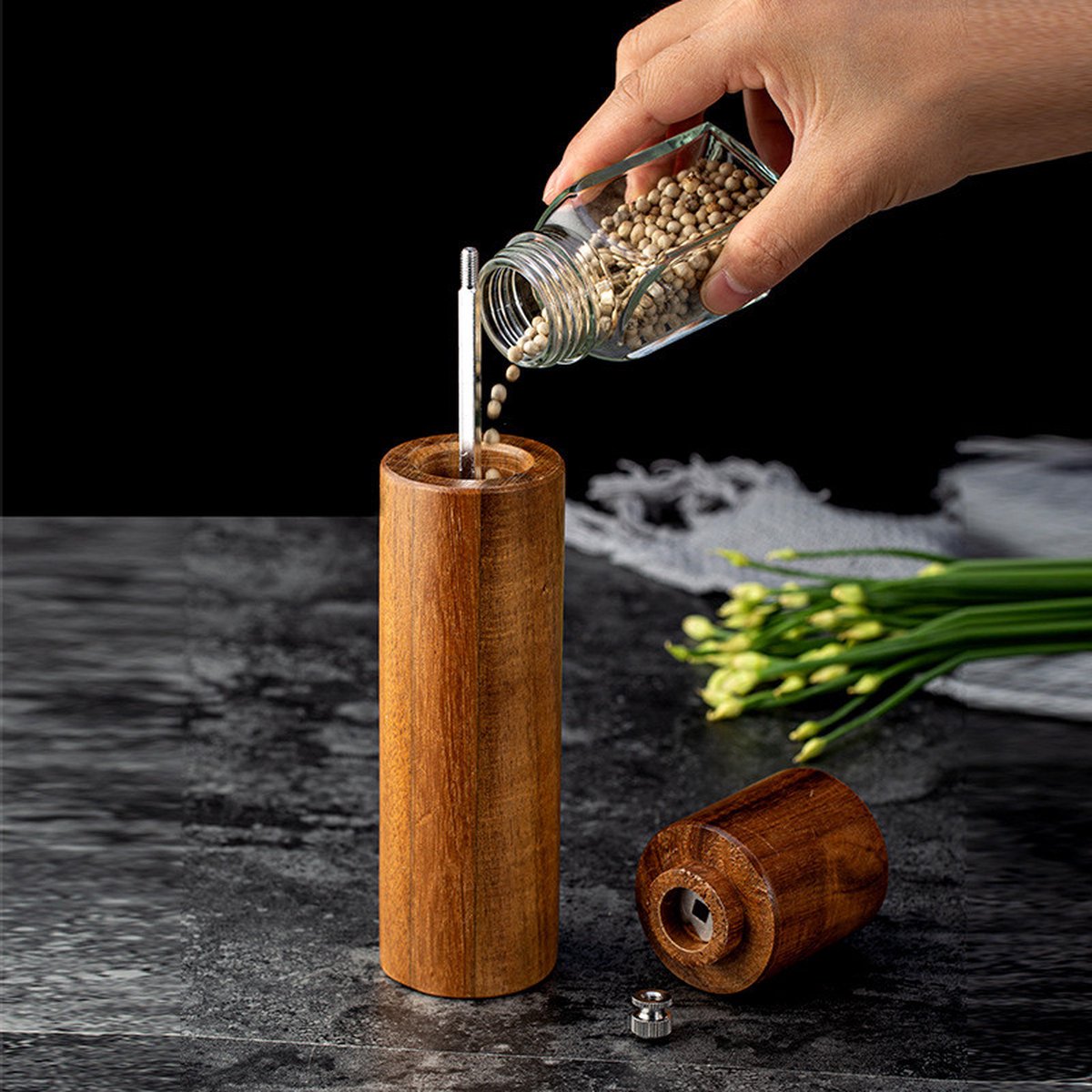 Praknu Zout & Pepermolenset van FSC® Acaciahout – Elegant Design met Keramisch Maalwerk – Traploos Instelbaar & Duurzaam – Zwart – Groot