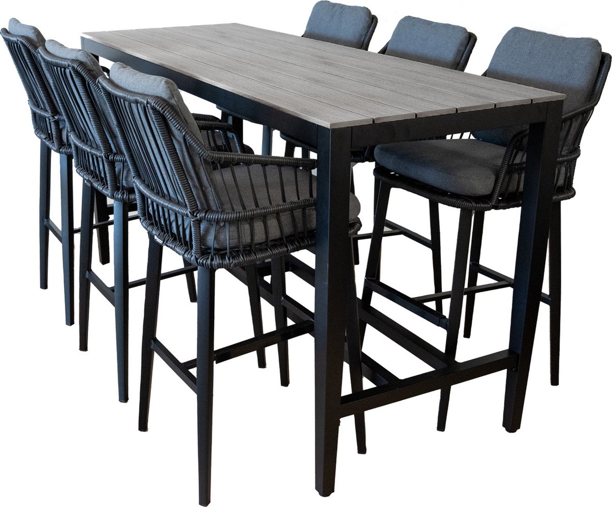 7-delige barset | 6 Isabel barstoelen Black | Cyprus bartafel 200x75cm Grey