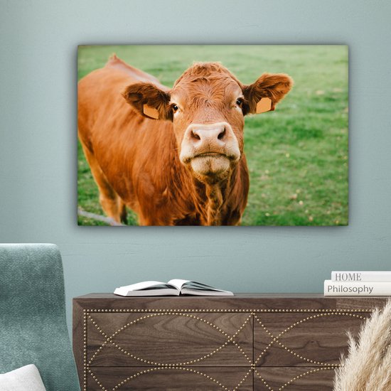 Tableau sur toile Vache - Marron - Herbe - 90x60 cm - Décoration murale