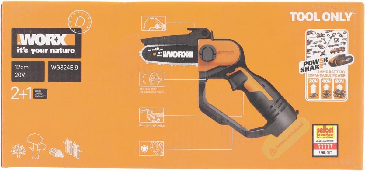 WORX WG324E.9 20 V élagueuse à chaîne sans fil machine nue coupe 12 mm
