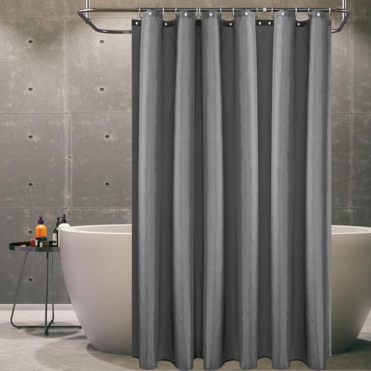 Textiel douchegordijn, schimmelwerend, waterdicht, wasbaar, antibacteriële polyester stof, donkergrijs, 120 x 180 cm, inclusief 8 douchegordijnringen.