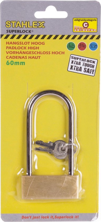 Stahlex Hangslot met 3 sleutels - 60 mm - messing - kofferslot