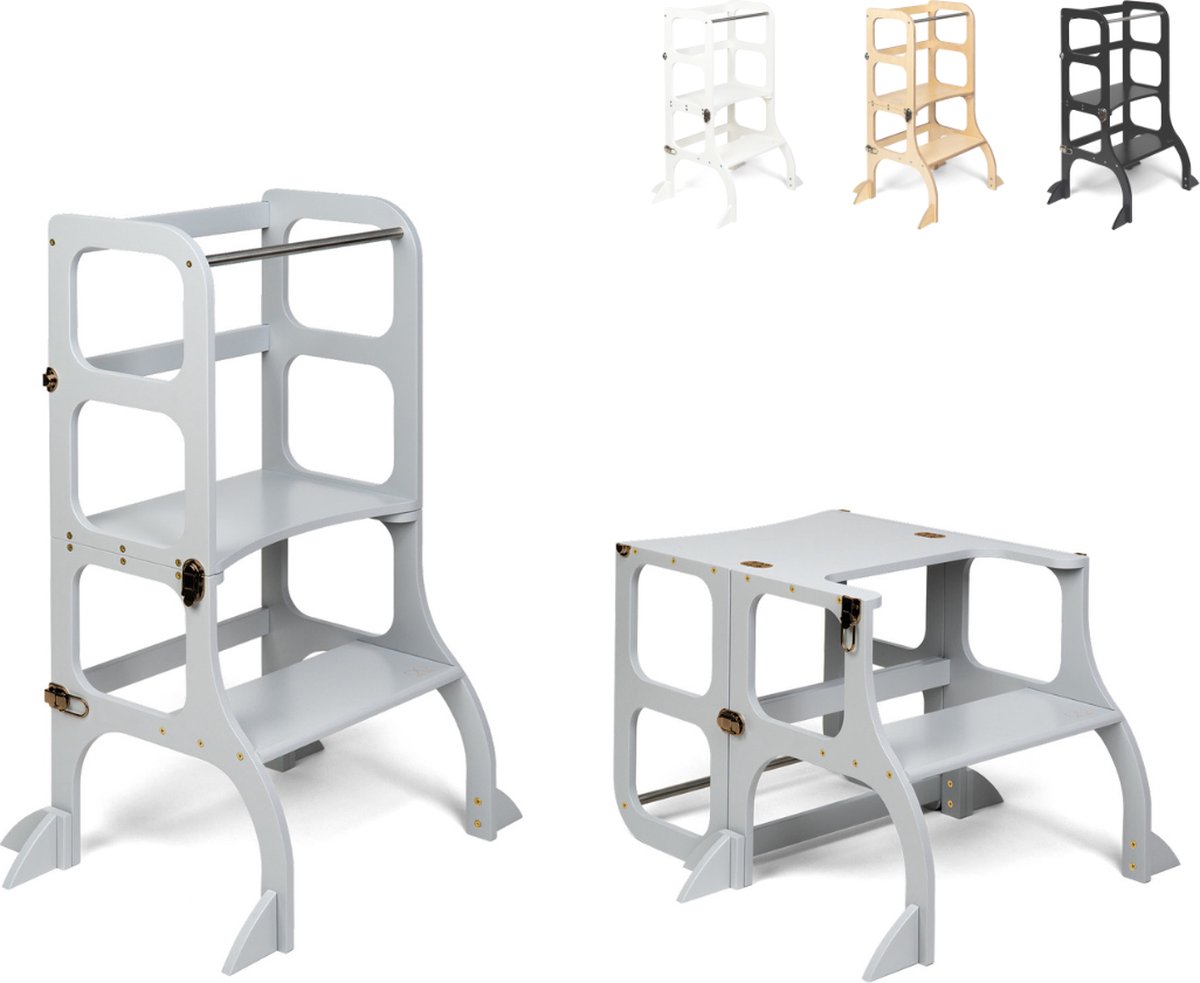 Ette Tete Step 'n Sit - Leertoren - Grijs met messing clips - Inklapbaar tot tafel en stoel - Met extra support - Learning Tower - Montessori inspired - Keukentrap - Keukenhulp - Leerstoel - Veilig -Duurzaam