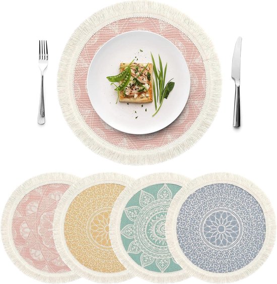 4 Stuks Wasbare Placemats Antislip, 30cm Ronde Placemats van