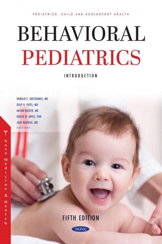 Boekomslag met de titel "Behavioral Pediatrics: Introduction" en een lachende baby, onderzocht door een kinderarts. Vijfde editie.