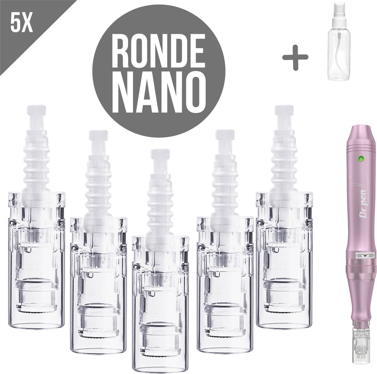 Dermapen naalden RD ronde nano pin - Microneedling cartidges - Mesotherapie - Vervangende naaldkoppen - Opzetstuk dermapen - Anti-aging - Huidverzorging - Geschikt voor Dr.Pen A6/A1/E30/M5/M7/N2/MyM - 5 stuks + Sprayflesje 50 ml per bestelling