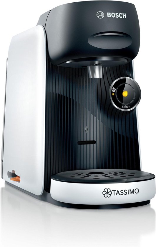 Zwarte en witte Bosch Tassimo koffiezetapparaat met een zwart geribbeld paneel en een witte zijkant.