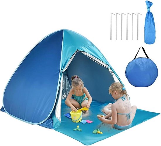 Pop-up strandschelptent voor baby's UV-bescherming - draagtas - 2-3 personen - UV50+ - werptent strandtent - strand camping - wandeltochten - tuin - blauw Beach Tent