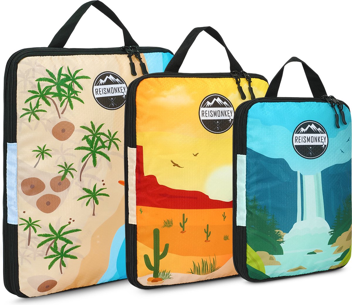 Bol.com Reismonkey Packing cubes compression - 3 delige set met print - koffer backpack en bagage organizer met compressierits aanbieding