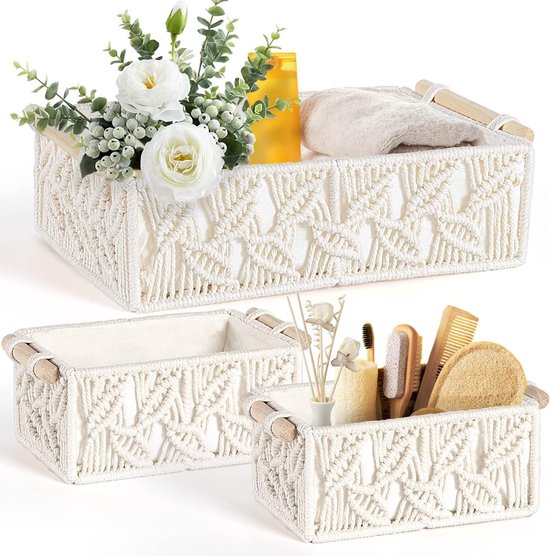 Macrame opbergmanden, set van 3 boho decoratieve dozen, handgemaakte geweven manden met handvat, decoratief werkblad, toilettank, rek, kastorganizer voor slaapkamer, kinderkamer, woonkamer